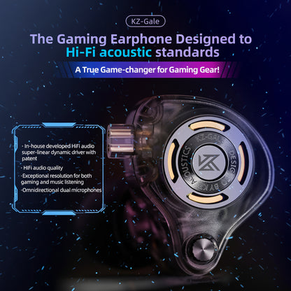Close-up of the transparent KZ Gale gaming earphone showcasing Hi-Fi audio driver and dual omnidirectional microphones.